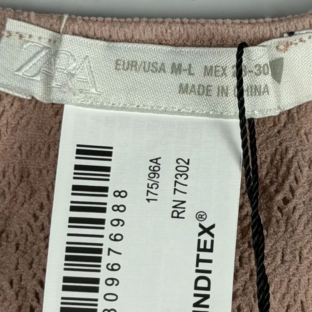 Zara Knit Top M-L Blush Pink Long Sleeve Stretch Textured Crew Neck NWT